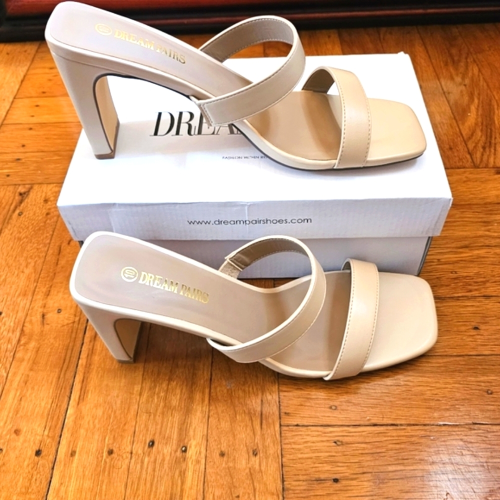 NWT Dream Pairs Women's Nude Square Open Toe Double Band High Block Heels - Picture 2 of 12